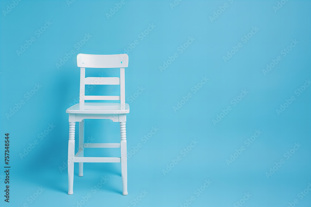 White Chair Standing Alone Against a Serene Blue Background Banner White Chair Standing Alone Against a Serene Blue Background Banner