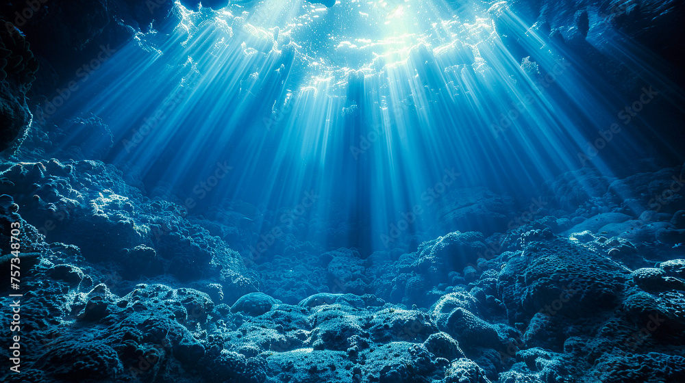 Sunbeams pierce the blue ocean water, illuminating the complex textures of the underwater reef