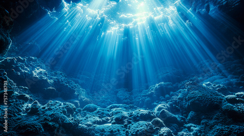 Sunbeams pierce the blue ocean water, illuminating the complex textures of the underwater reef © weerasak