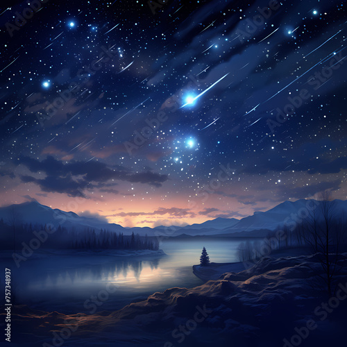 Dreamy night sky with shooting stars and constellations