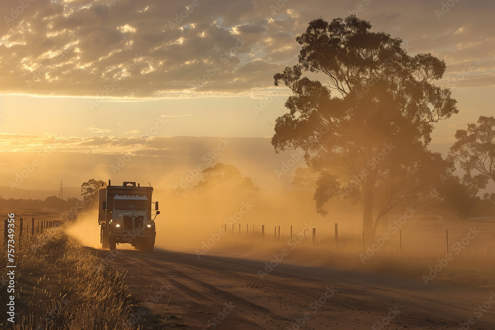 Sunrise Journey: Lone Truck Kicking Up Dust on Rural Road Banner Sunrise Journey: Lone Truck Kicking Up Dust on Rural Road Banner