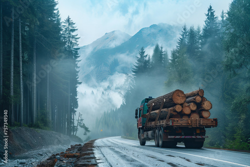 Misty Mountain Road with Timber Truck Journey Banner