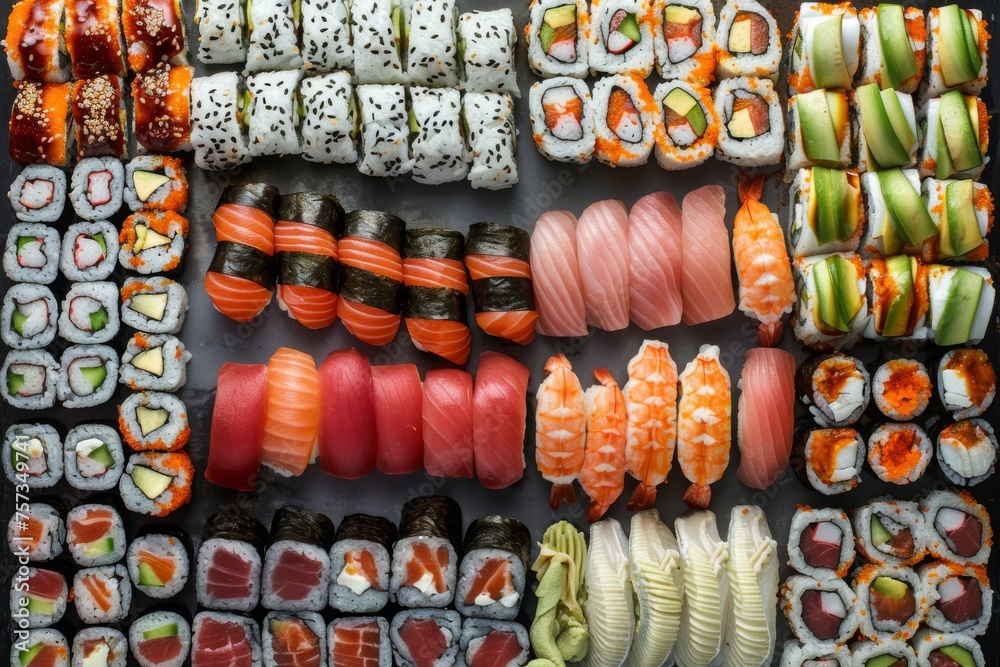 Photo collage. japanese sushi food. Maki and rolls with tuna, salmon, shrimp, crab and avocado. Top view of assorted sushi. Rainbow sushi roll, uramaki, hosomaki and nigiri.