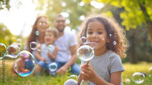 joyful family is playing with soap bubbles in a sunlit park