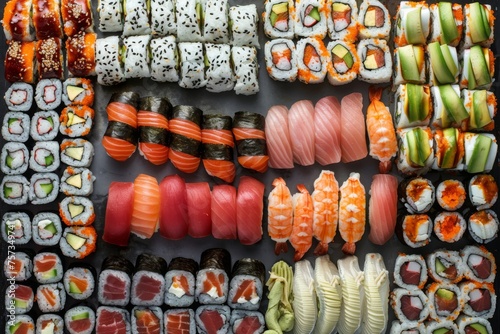 Photo collage. japanese sushi food. Maki and rolls with tuna, salmon, shrimp, crab and avocado. Top view of assorted sushi. Rainbow sushi roll, uramaki, hosomaki and nigiri. © Straxer