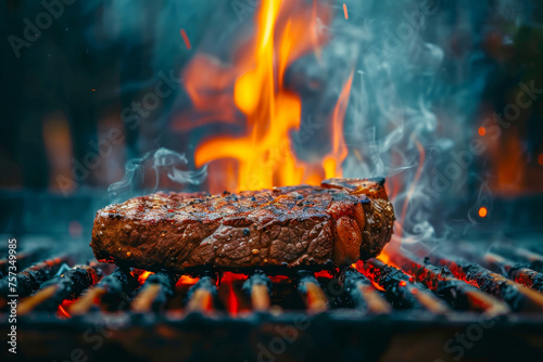 A succulent rib-eye steak cooks to perfection on a flaming grill, its surface seared with grill marks as smoke wafts up, capturing the essence of barbecue