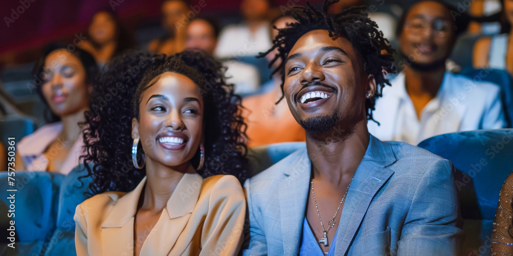 An happy moment in a movie theater, with a couple engaged in the cinematic experience, their expressions lit by the screen's glow, reflecting the shared joy and entertainment of a date night An happy moment in a movie theater, with a couple engaged in the cinematic experience, their expressions lit by the screen's glow, reflecting the shared joy and entertainment of a date night