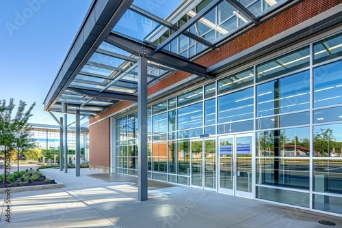 Modern school entrance with glass facade  digital display board  and sleek metal beams against a clear blue sky. Urban design featuring futuristic architecture and upcoming events info