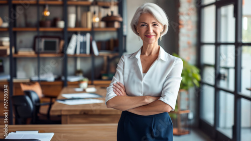 poised mature woman with grey hair stands with crossed arms