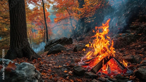 bonfire surrounded by ancient maple trees, their colorful leaves creating a beautiful backdrop to the dancing flames
