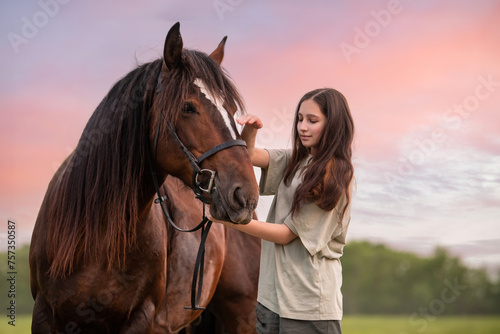 A girl is petting a horse. The horse is brown and has a black nose.