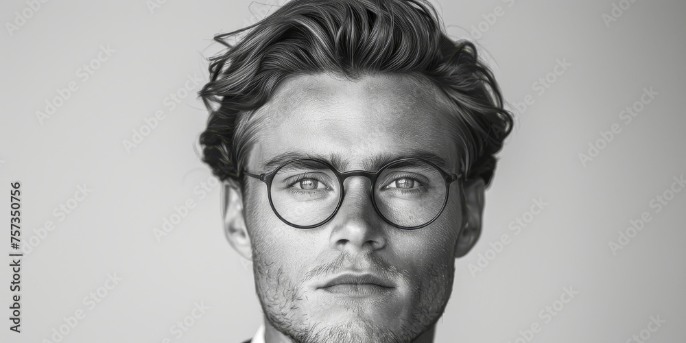 This monochrome photo captures a young man dressed in a suit and tie, complemented by stylish glasses. He exudes professionalism and sophistication in this portrait This monochrome photo captures a young man dressed in a suit and tie, complemented by stylish glasses. He exudes professionalism and sophistication in this portrait
