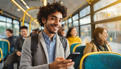 young man smiling while looking at his smartphone on a public bus