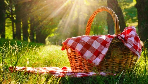  Wicker picnic basket with a red and white checkered cloth on it, set on a grassy field with dappled sunlight filtering through the trees