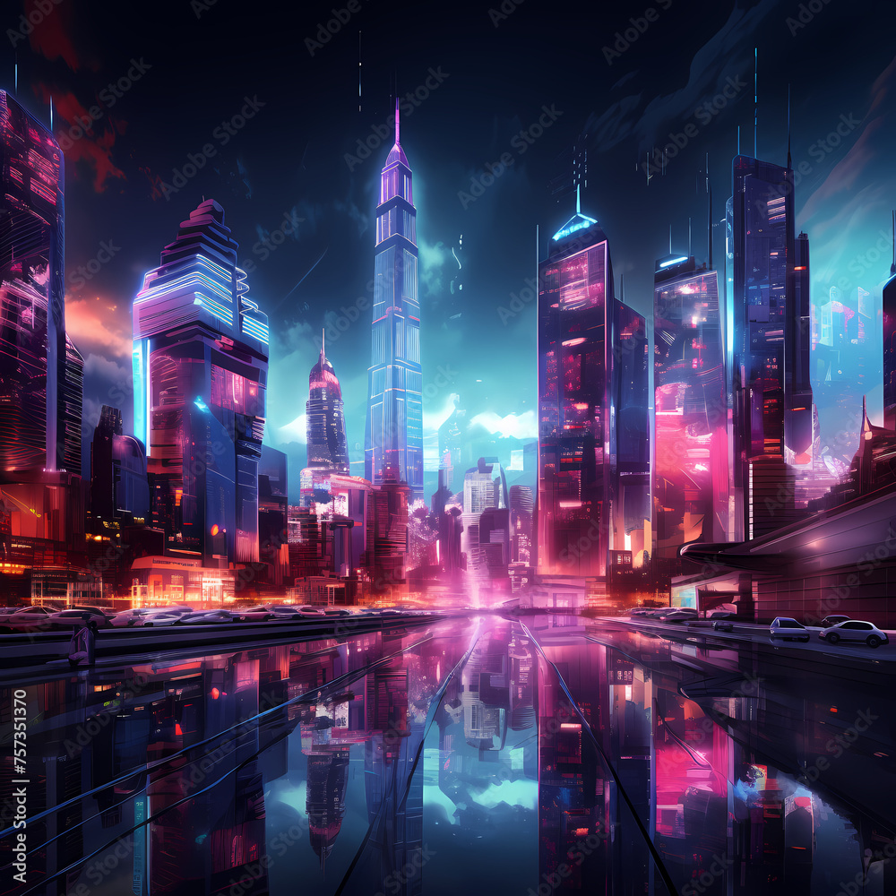 Neon-lit cyberpunk skyline with towering skyscrapers