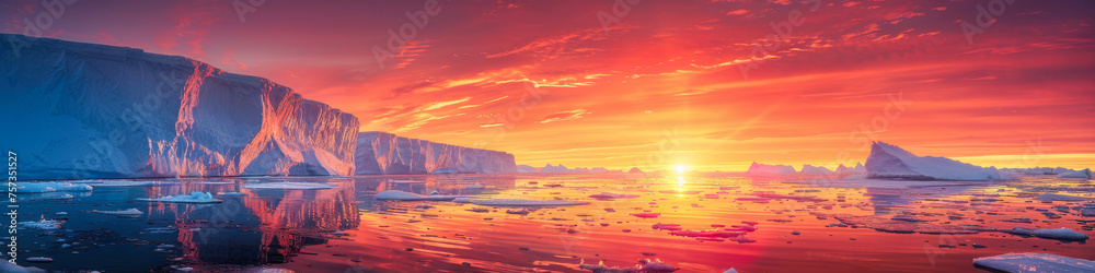 An iceberg floats gracefully in the ocean as the vibrant colors of the sunset paint the sky. The icebergs jagged edges contrast with the calm water
