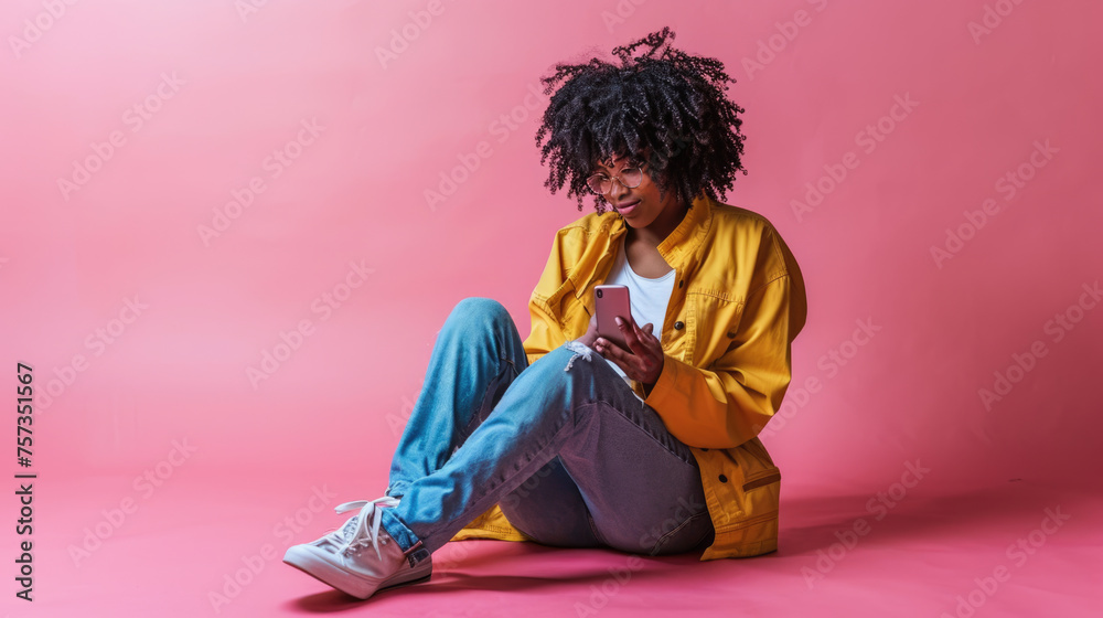 Joyful young woman in a yellow jacket and jeans sitting cross-legged, using a smartphone with a delighted smile on her face. Joyful young woman in a yellow jacket and jeans sitting cross-legged, using a smartphone with a delighted smile on her face.
