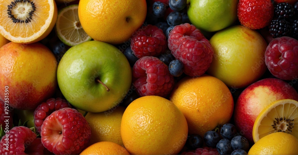 Overhead shot of a vibrant array of fresh fruits arranged on a table. Promoting a healthy lifestyle with a natural, juicy fruit background Overhead shot of a vibrant array of fresh fruits arranged on a table. Promoting a healthy lifestyle with a natural, juicy fruit background