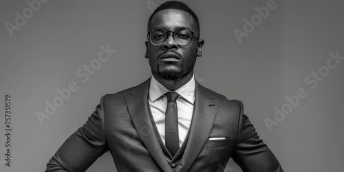 A grayscale photo of a black man exuding confidence while standing with his hands on his hips. He is dressed in a suit and tie, portraying a professional and assertive demeanor