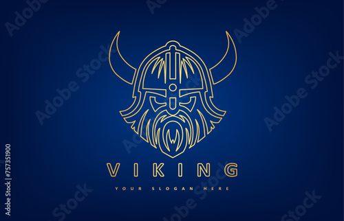 Viking and anchor logo. Scandinavian sailors symbol. Nordic warrior design. Horned Norseman symbol. Barbarian man head icon with horn helmet and beard.