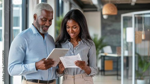 two professional happily engaging in a conversation, with one holding a laptop, in a bustling office environment © MP Studio