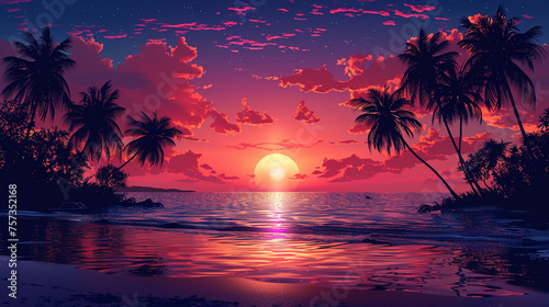 Artistic rendition of a breathtaking ocean sunset featuring the elegant silhouettes of palm trees against a vivid sky