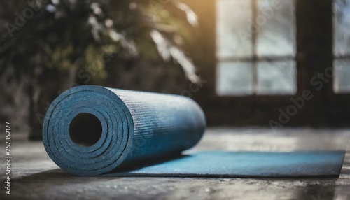  Rolled yoga mat laid on the floor