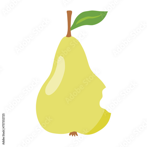 Fresh pear with leaf, nibbled from one side by caterpillar or insect, vector
