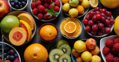 Top view of a table adorned with an assortment of colorful, fresh fruits—a visual celebration of healthy living and natural goodness photo