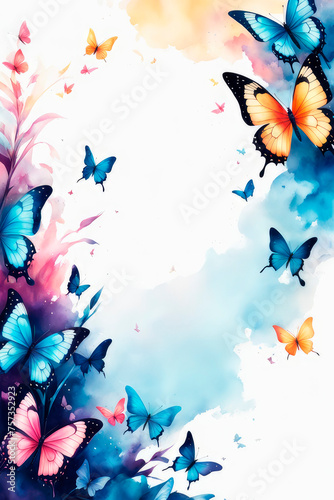 Colorful fluttering delicate butterflies flying and blue splashes.