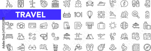 Travel and Tourism icon set with editable stroke. Travel and vacation thin line icon collection. Vector illustration