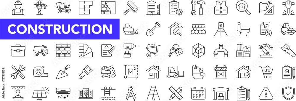 Construction icon set with editable stroke. Building and construction thin line icon collection. Vector illustration