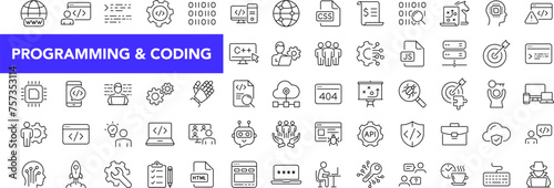 Programming coding and success icon set with editable stroke. Software development thin line icon collection. Vector illustration