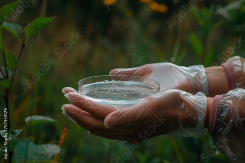 A gloved hand holds a petri dish with a bacterial culture. An agar plate full of microbacteria and microorganisms