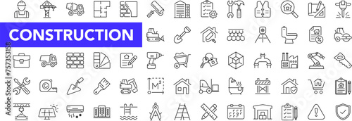 Construction icon set with editable stroke. Building and construction thin line icon collection. Vector illustration