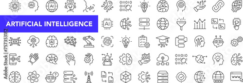 Artificial intelligence icon set with editable stroke. AI technology thin line icon collection. Vector illustration