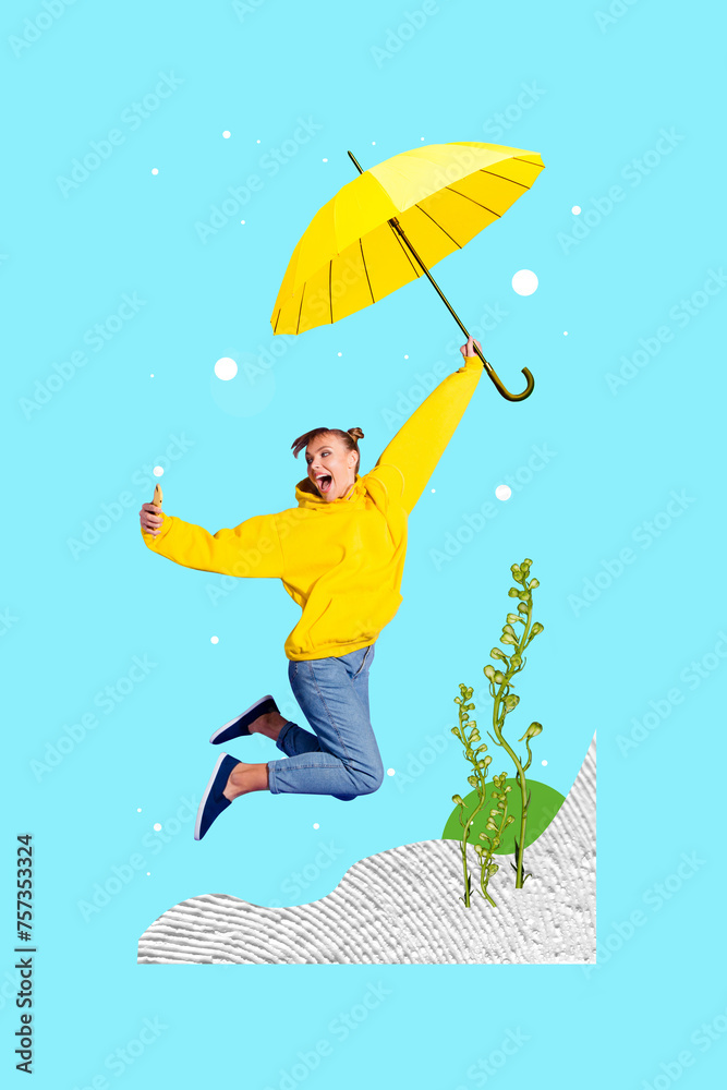 Vertical collage of carefree cheerful girl jumping up shooting making video spring weather outdoors isolated on teal color background