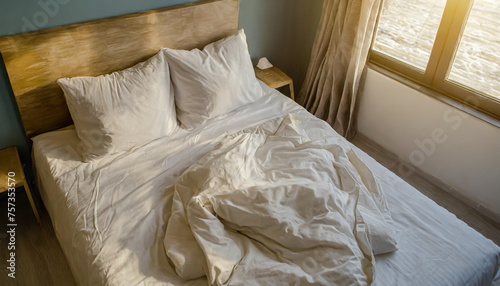Top view of unmade bedding sheets and pillow  Unmade messy bed after comfortable sleep concept