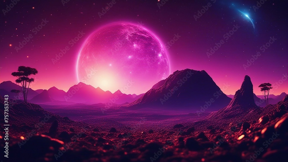 sunrise in the mountains an Earth view at night from alien planet, neon space background with falling meteor in dark starry sky