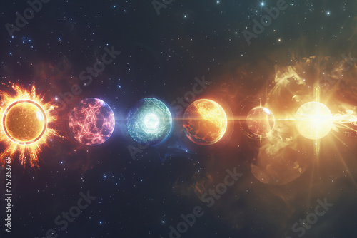 Epic Cosmic Evolution Stages Artistic Visualization Banner with Vibrant Celestial Bodies