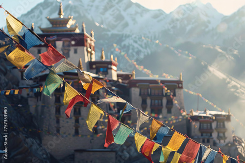 Serene Mountain Temple Adorned with Colorful Prayer Flag Banner © DmitrySergeevich