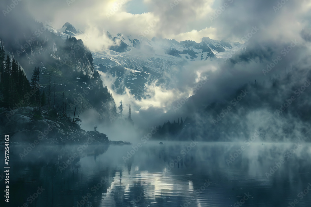 Mystic Alpine Serenity: Misty Peaks and Forest Reflection Banner Mystic Alpine Serenity: Misty Peaks and Forest Reflection Banner