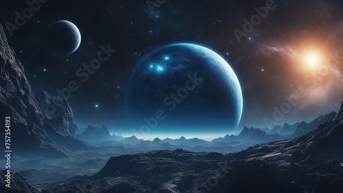 planet in space illustration of an inhabited alien planet in space with a blue nebula and stars. Lights of cities 
