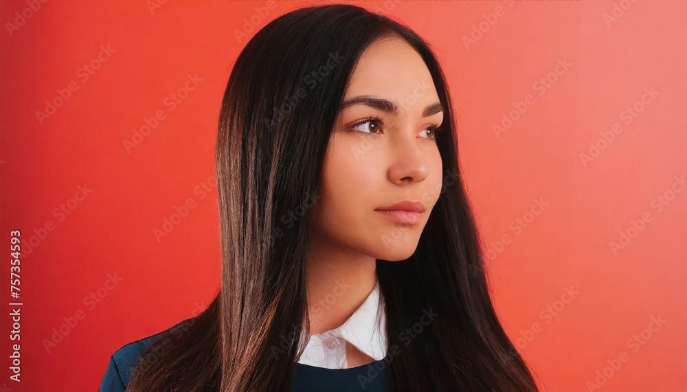 woman's long, straight hair, shining with health, against a coral background woman's long, straight hair, shining with health, against a coral background