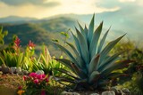 Agave plant with vibrant flowers overlooking a scenic landscape at sunset.