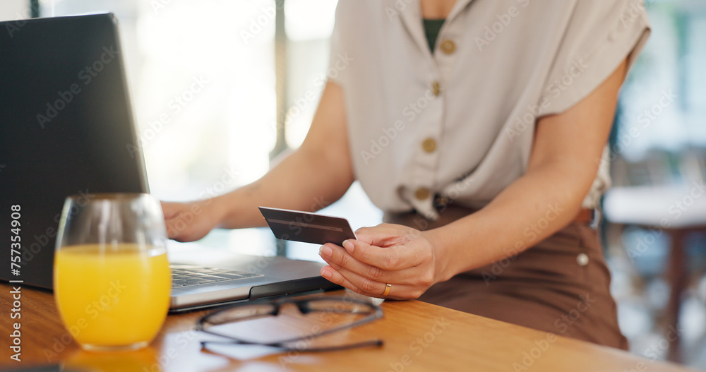 Woman, credit card and laptop in home for happy ecommerce, gambling or subscription at desk. Female person, technology and hands gesture for online shopping, booking or payment for traveling Woman, credit card and laptop in home for happy ecommerce, gambling or subscription at desk. Female person, technology and hands gesture for online shopping, booking or payment for traveling