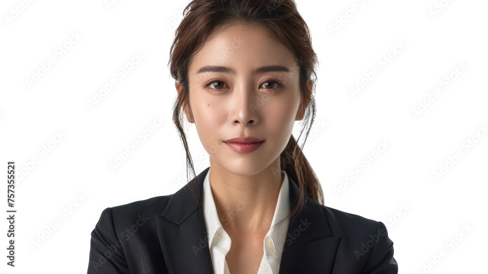 Millennial 35s woman portrait. Asian female freelancer in black suit. Girl headshot. Young adult entrepreneur person photo. Asia business career. White background. Successful confident businesswoman. Millennial 35s woman portrait. Asian female freelancer in black suit. Girl headshot. Young adult entrepreneur person photo. Asia business career. White background. Successful confident businesswoman.