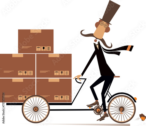 Postman on the bike delivering parcels. 
Funny mustache postman in the top hat rides a bike and delivers parcels
