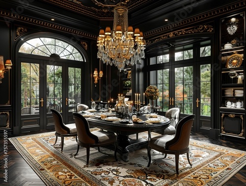 Opulent dining room with a crystal chandelier and elegant table setting8K photo