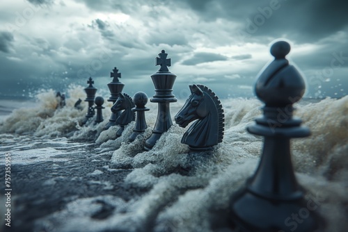 Chess pieces facing ocean waves, concept of resilience and strategic confrontation with nature